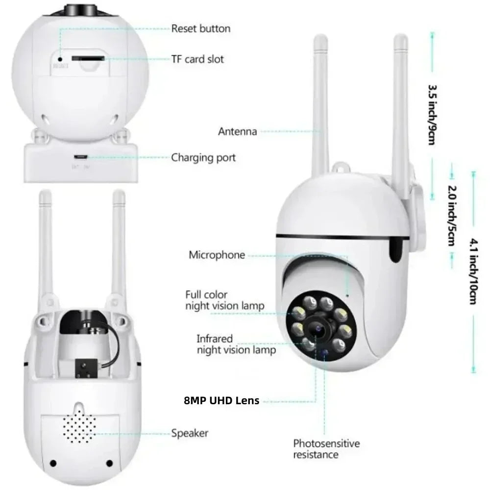 Cámara PTZ de vigilancia de seguridad inalámbrica de 8MP, Wifi, IP, cámaras con Zoom 4X para exteriores, seguimiento humano IA, Audio bidireccional, cámara HD a Color nocturno.